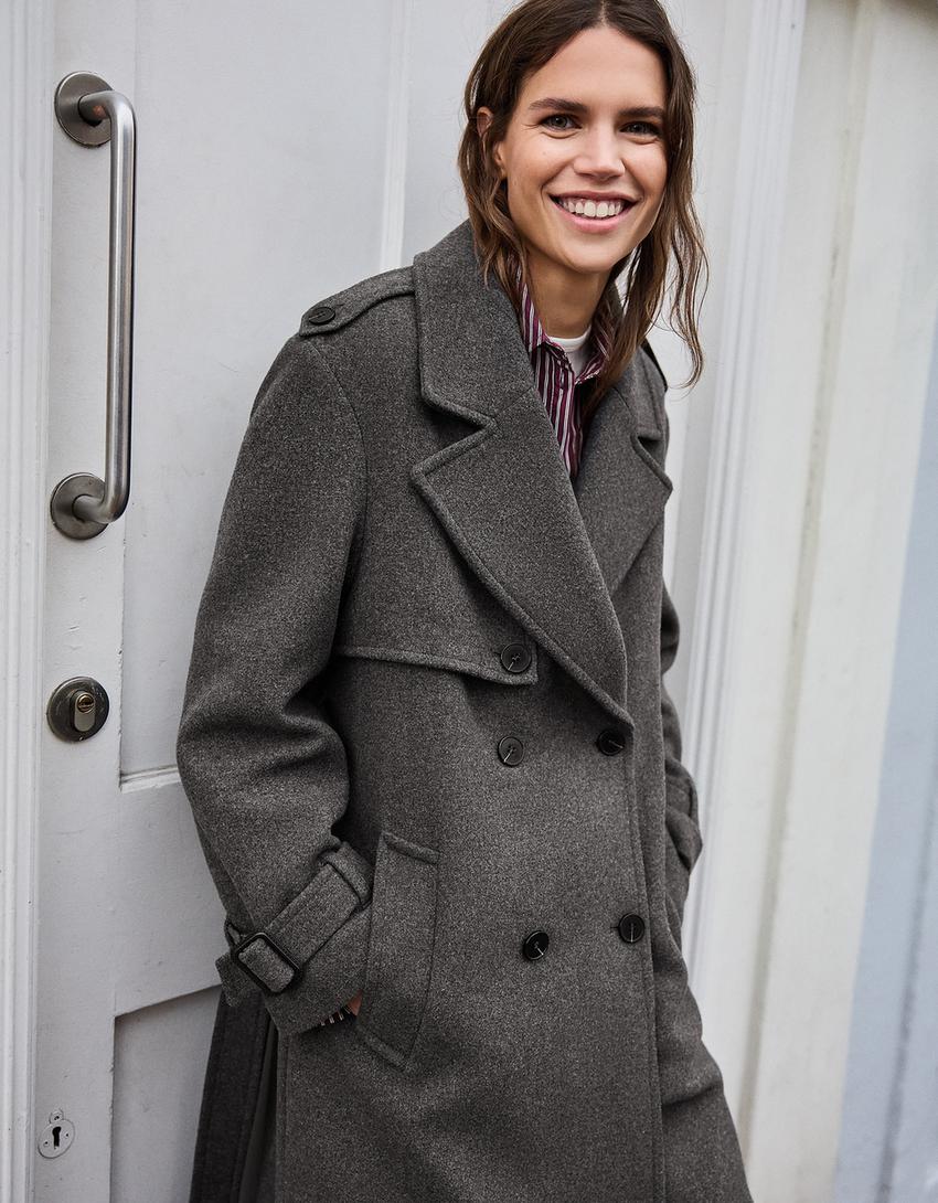 Sobretudo trench com lã oversize-Cinza