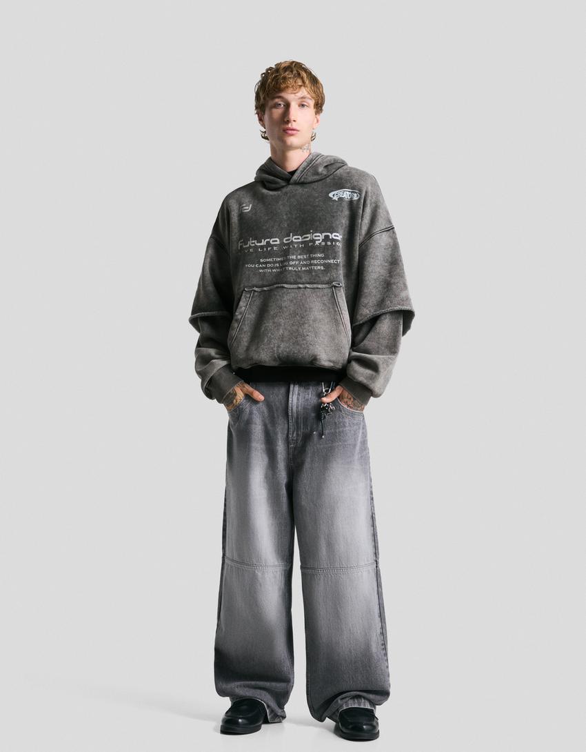 Double-sleeve print hoodie-Grey-3