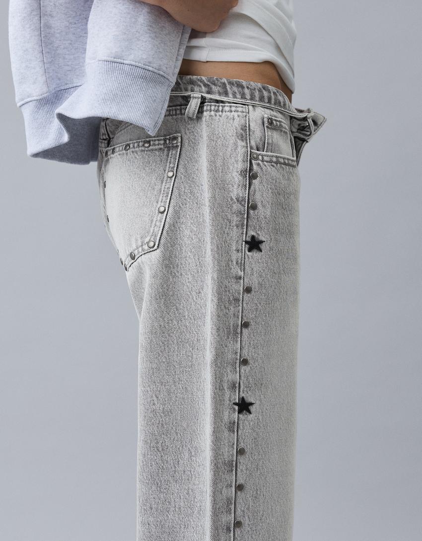 Jeans baggy tachas estrellas-Gris