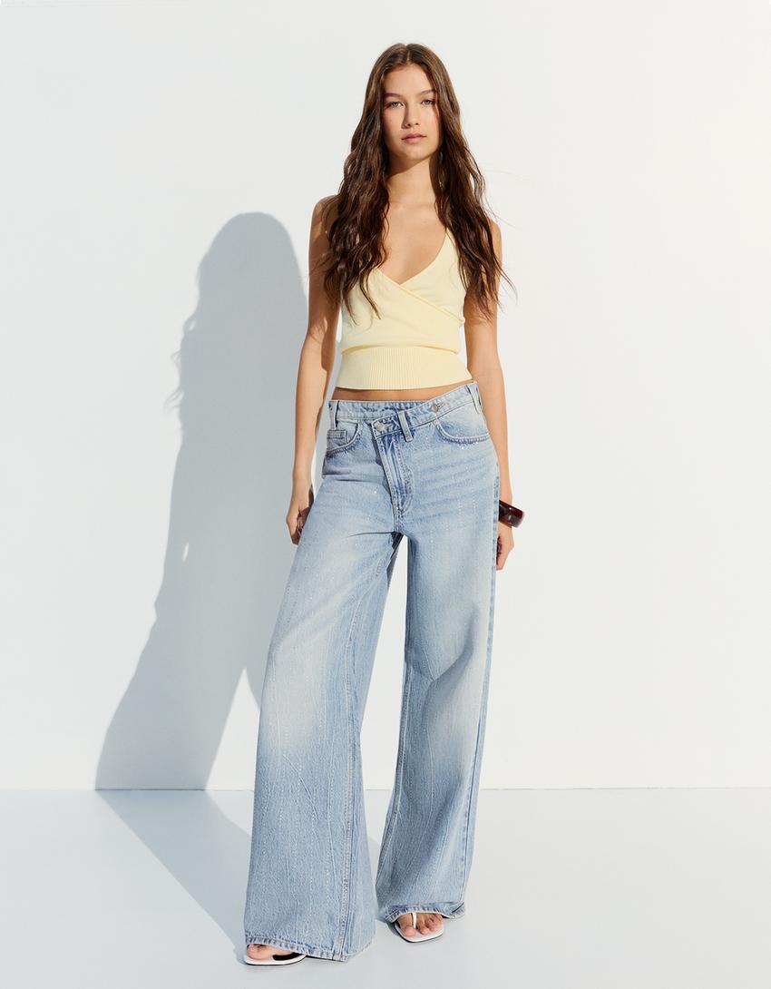Shimmery wide-leg jeans with crossover waist-Light blue