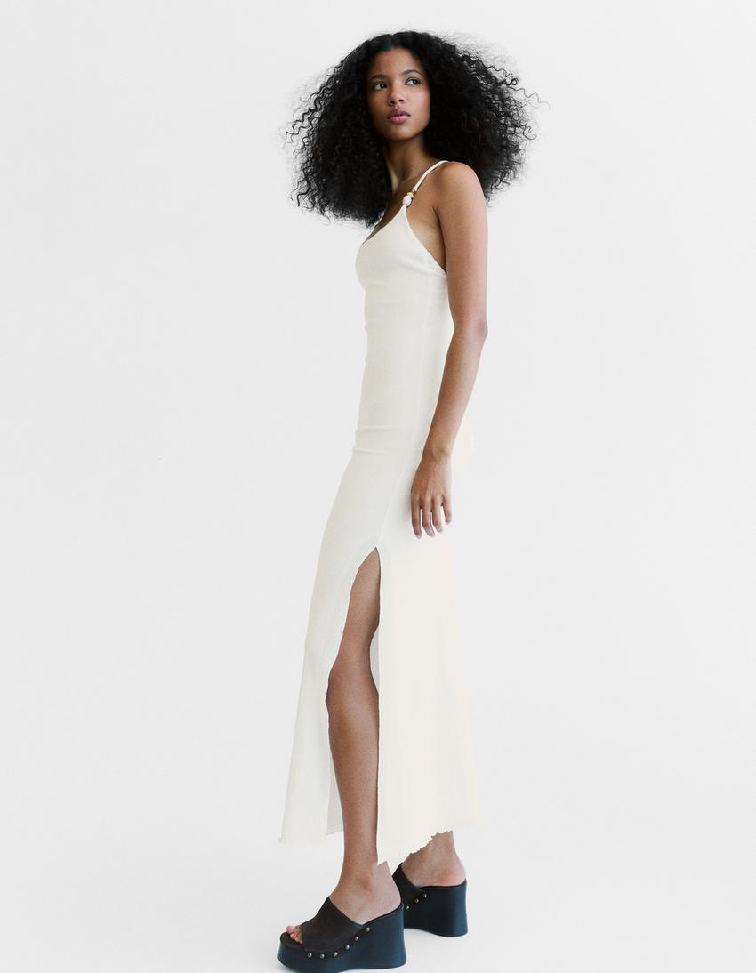 Vestido midi rústico tirantes-Crudo