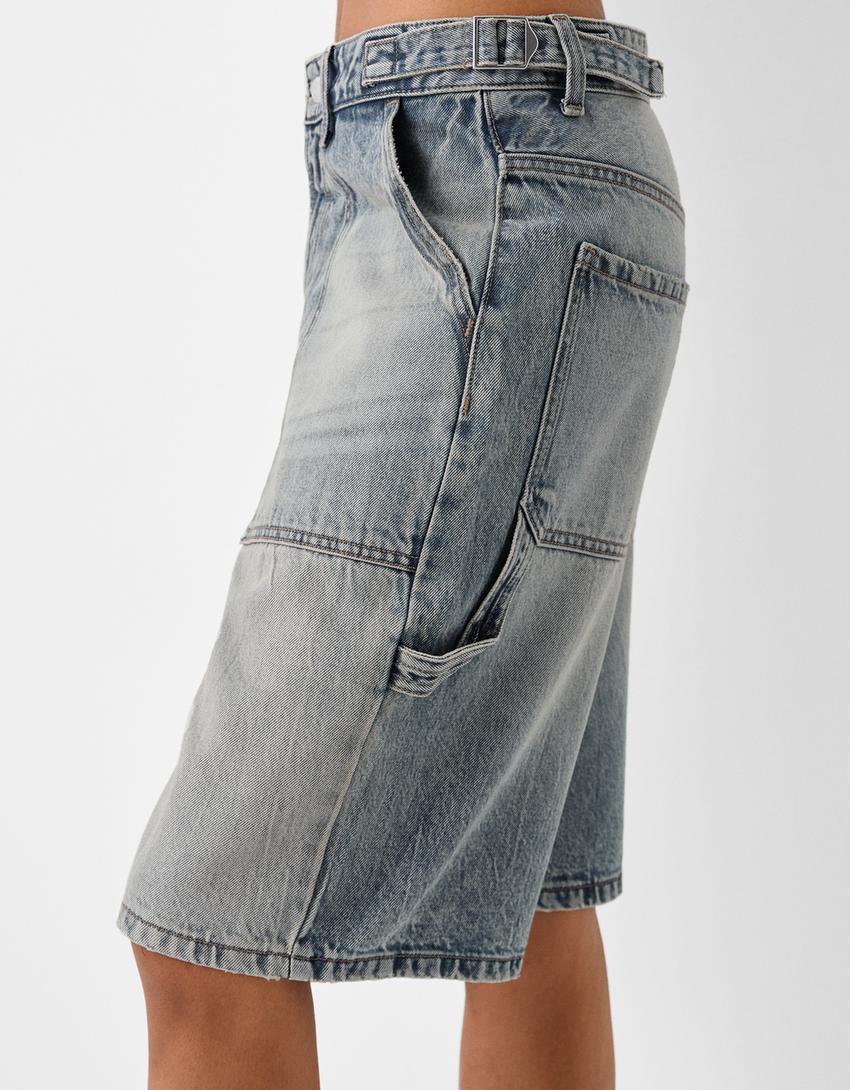 شورت برمودا دنيم بقصة بالون وساق عريضة-أزرق مغسول من الخارج-3