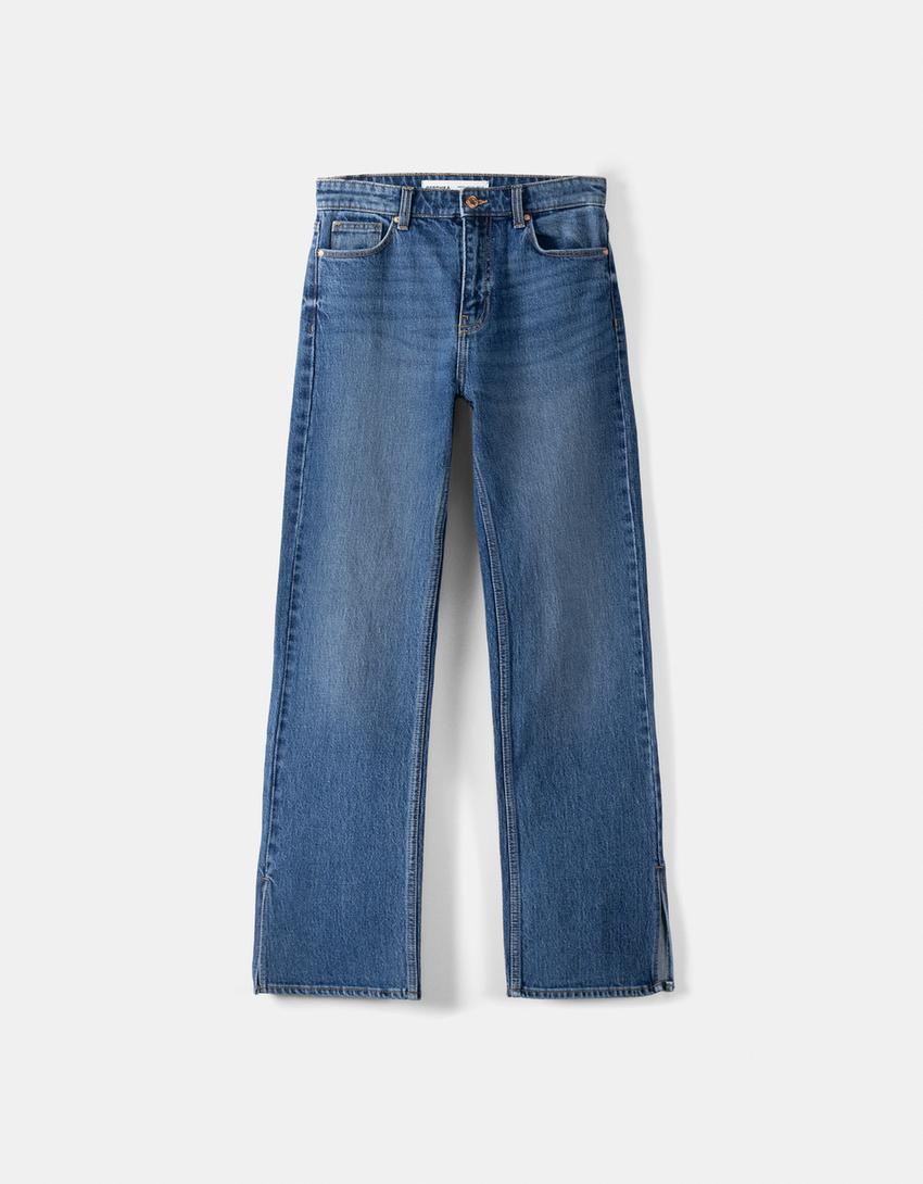 جينز جرسي مريح بفتحة في الطرف السفلي-أزرق-4