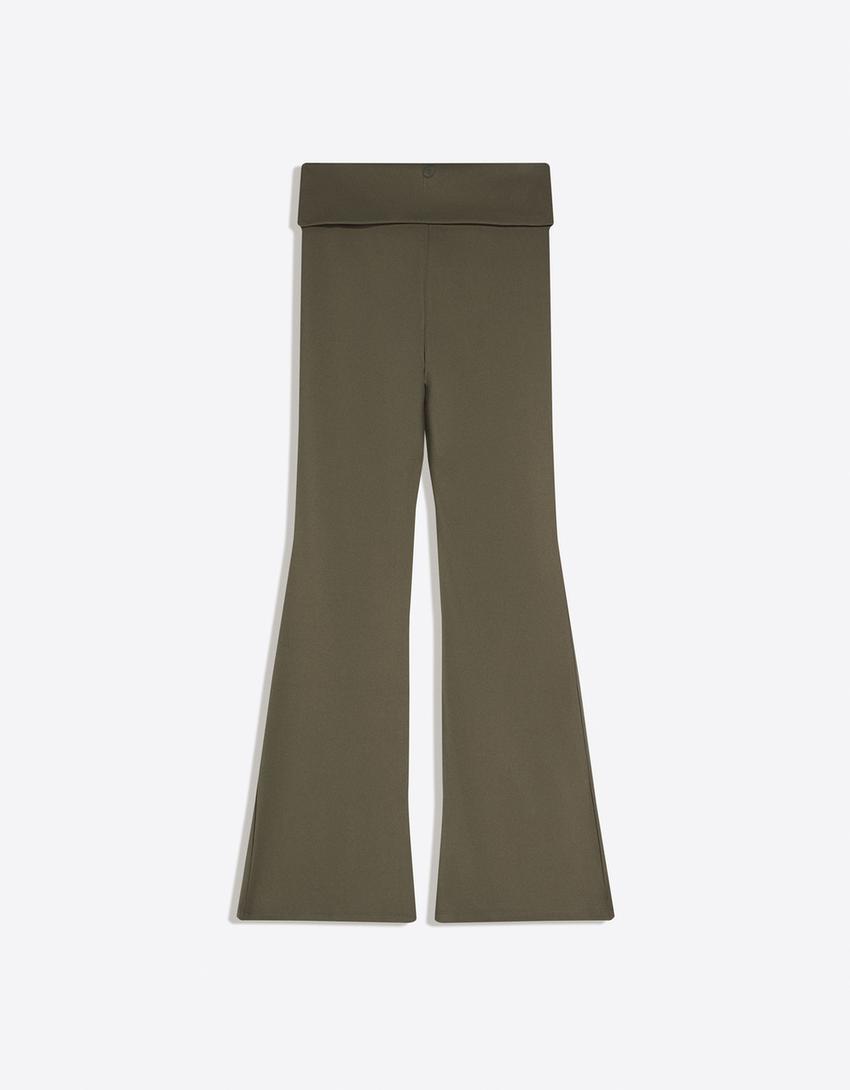 Technical flared trousers with turn-up waist-Moss