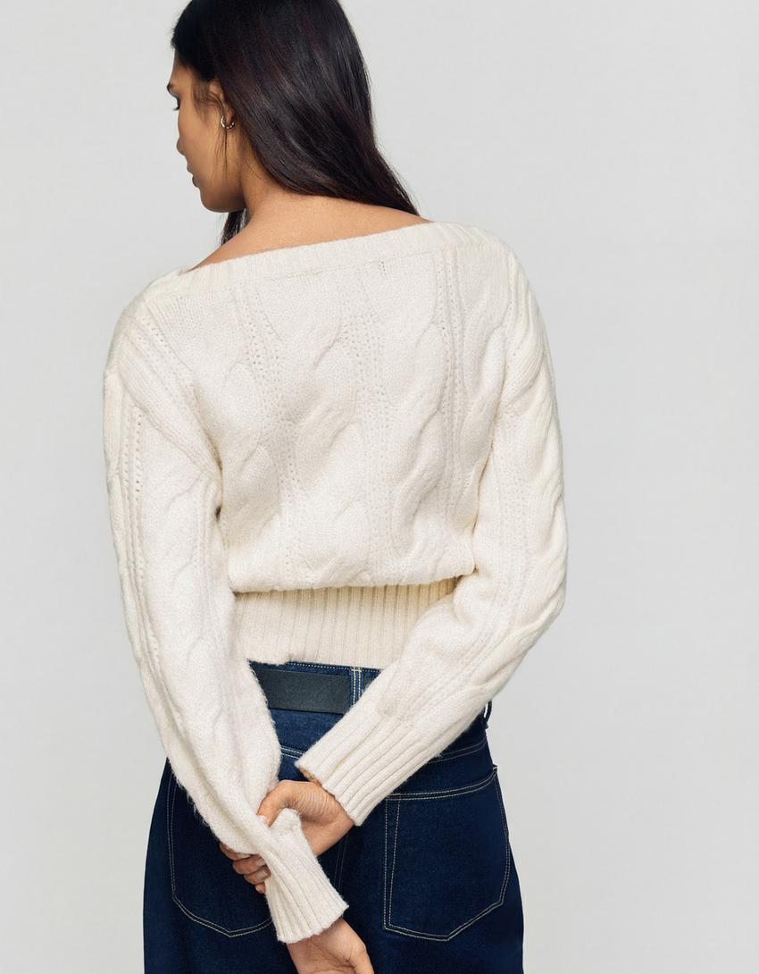 Kabeltrui met boothals-Ecru