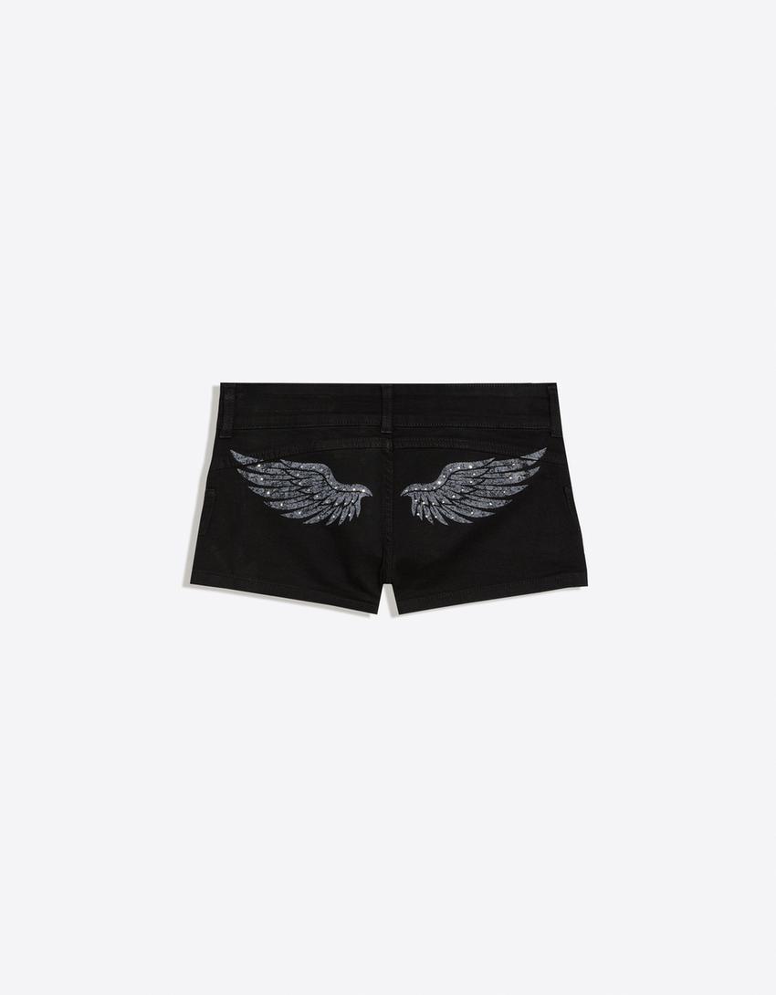 Short en jean imprimé-Noir