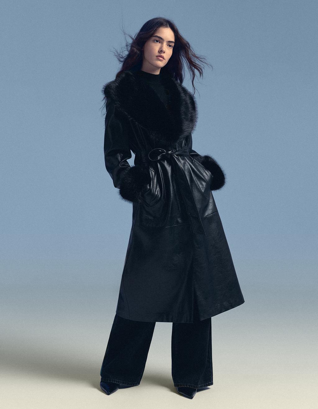 Leather effect coat with fur