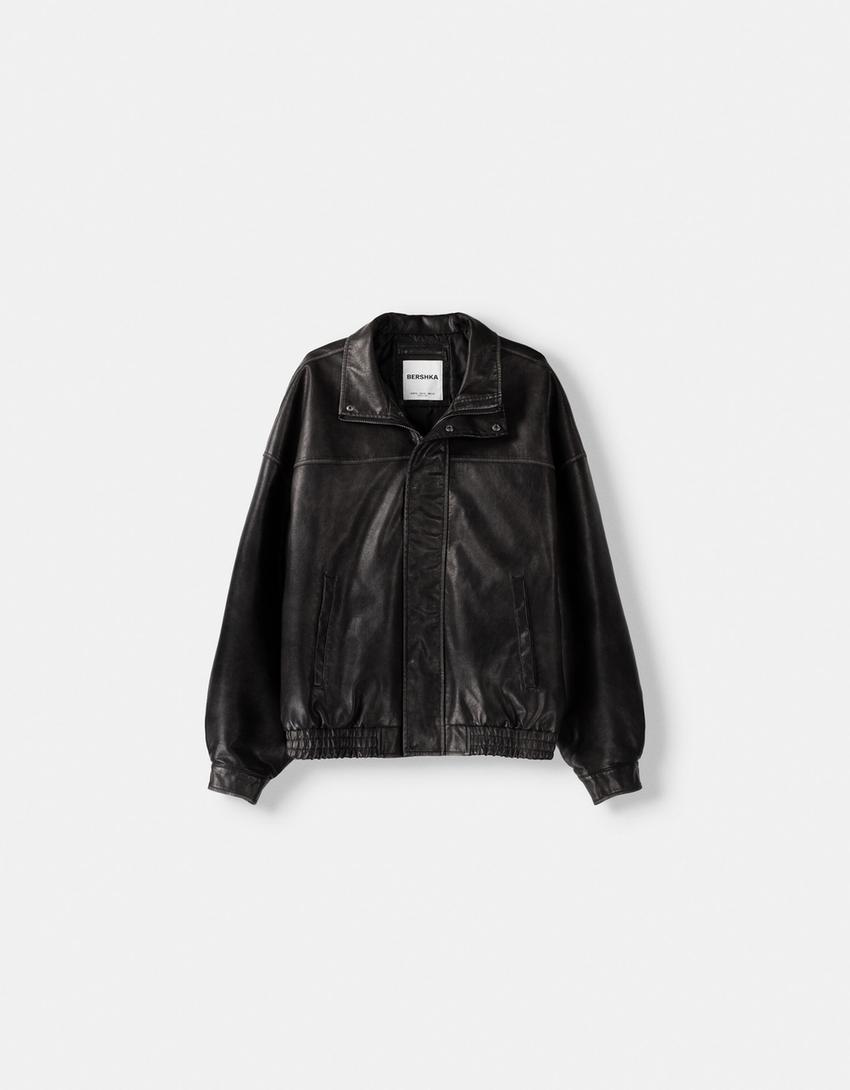 Blouson oversize similicuir effet usé-Noir-6