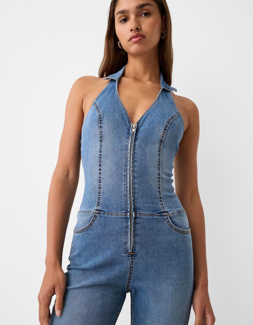 Long halter neck jumpsuit-Blue