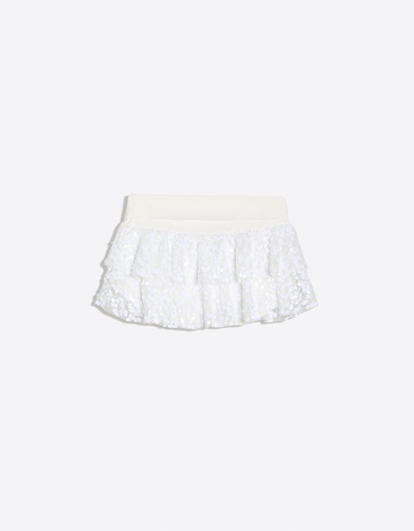 Mini-jupe à volants et paillettes-Blanc