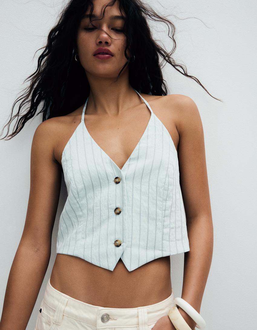 Striped halter vest-Light blue