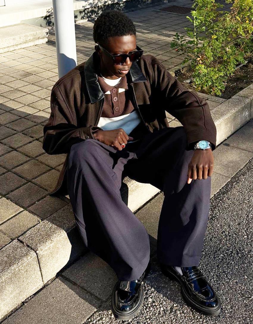 Veste en drap col contrastant-Marron