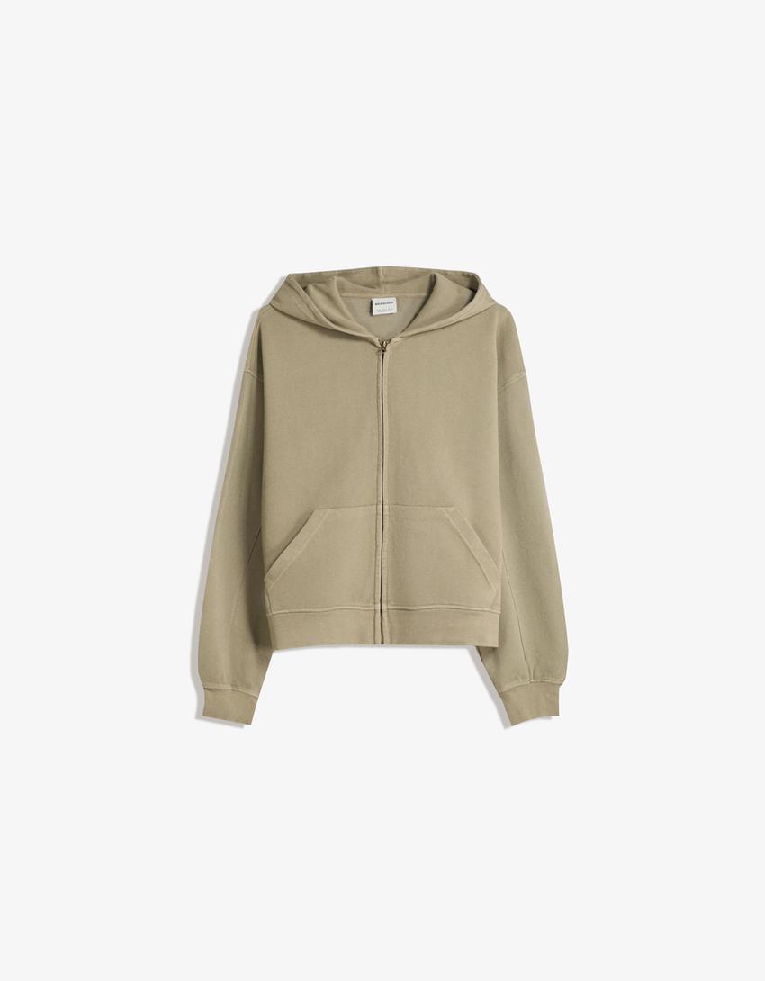 Sudadera cremallera piqué efecto lavado-Piedra