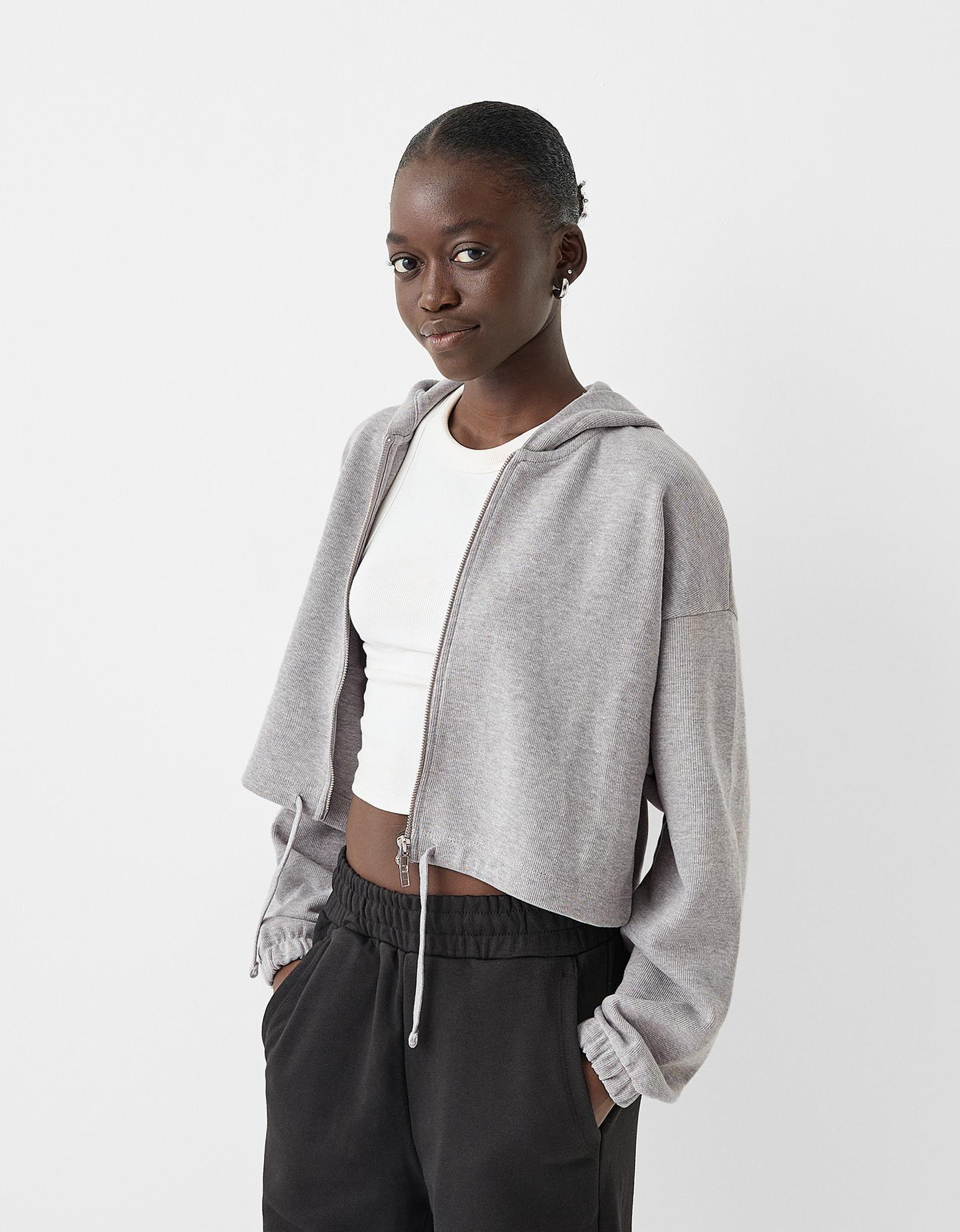 Bershka Felpa Con Cerniera E Cappuccio Oversize Donna L Grigio