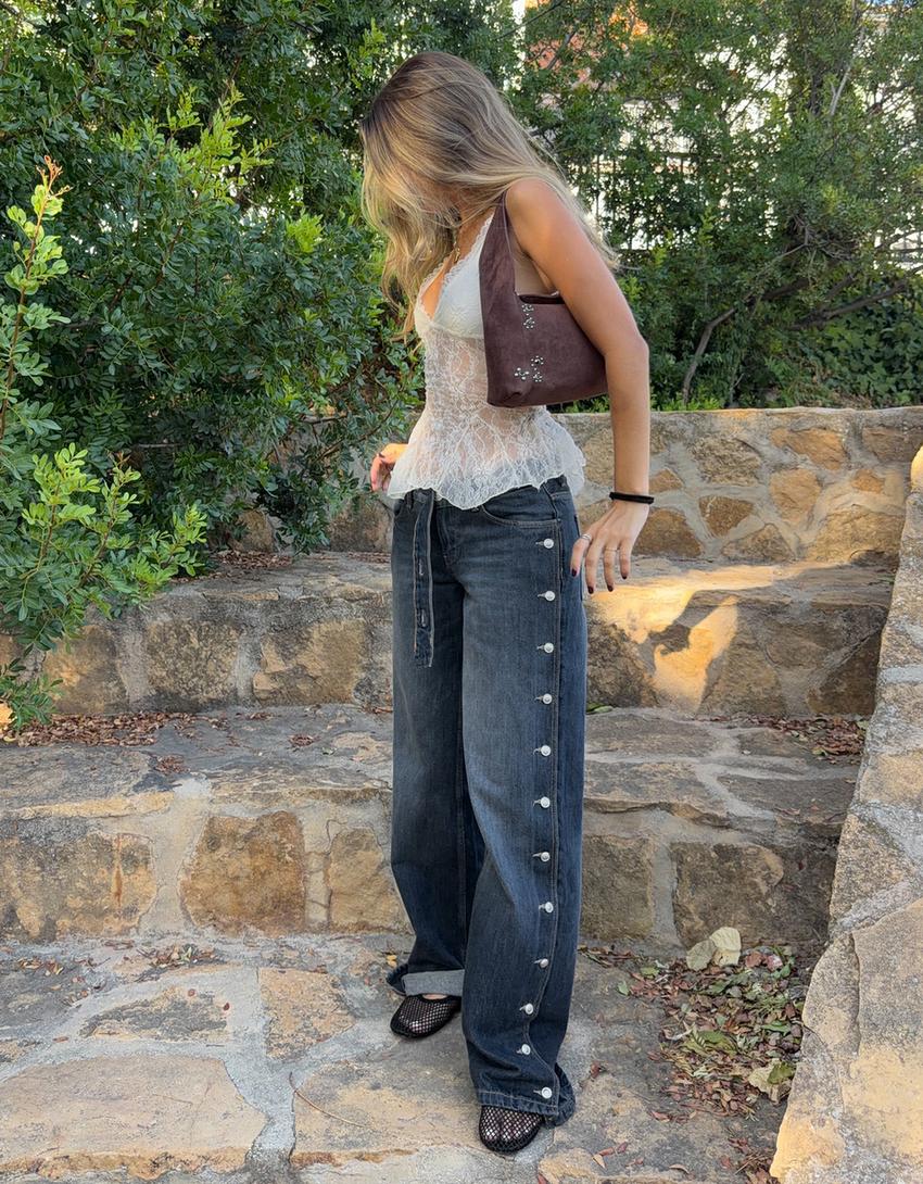 Yan düğmeli düşük bel straight fit jean-Koyu mavi