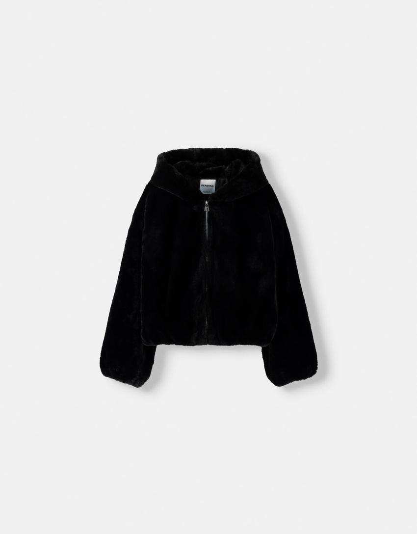 Jacket with faux fur hood-Black