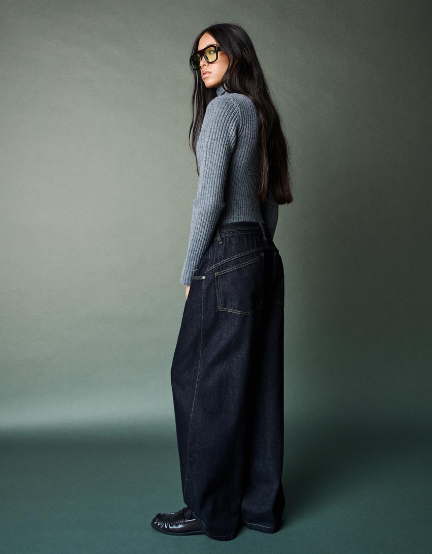 Jeans perna larga barrel fit cinto-Marinho