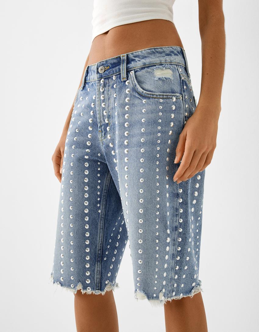 شورت برمودا دنيم بدبابيس معدنية-أزرق فاتح-3