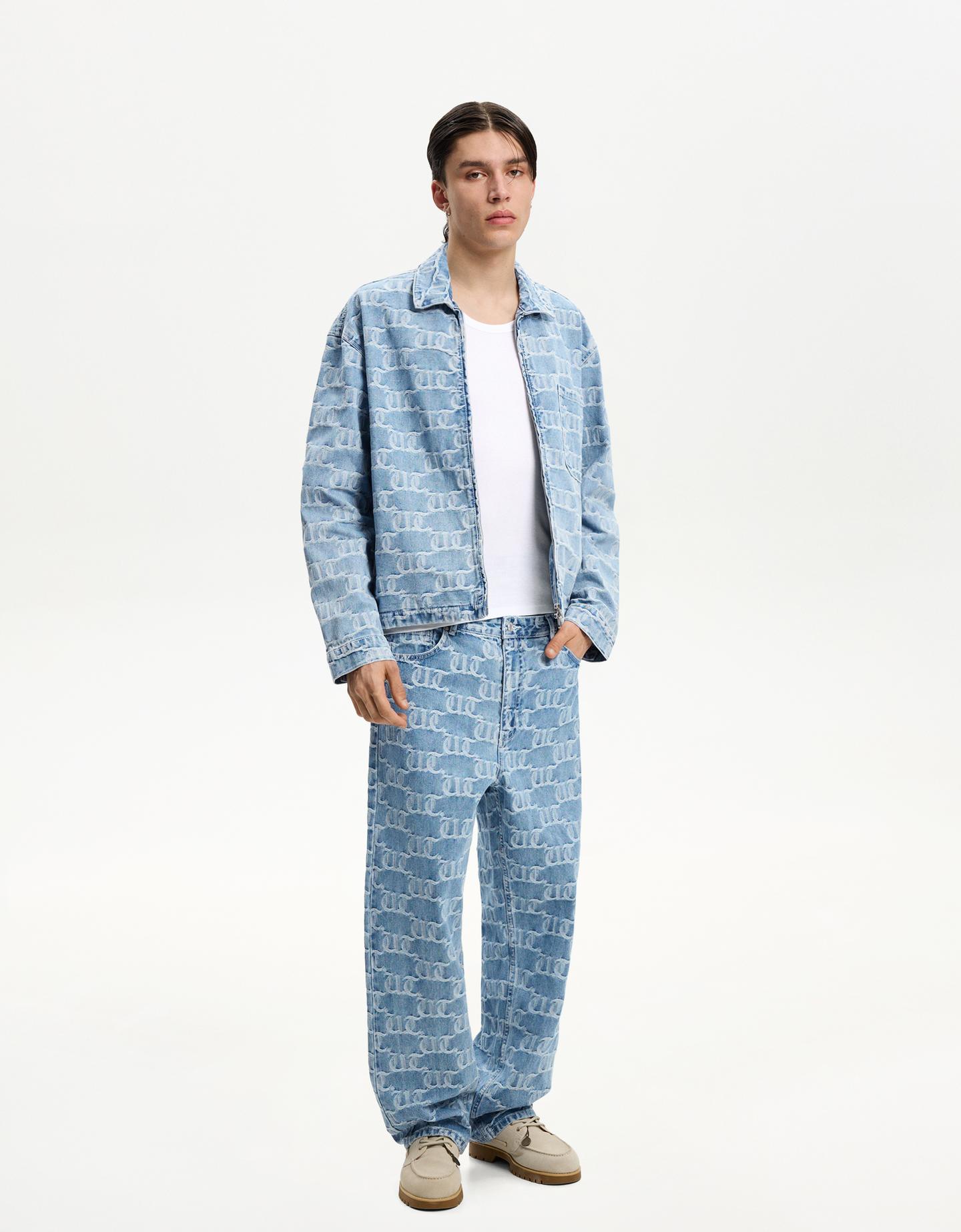 Bershka Jeans Baggy Jaquard Hombre 42 Azul Claro