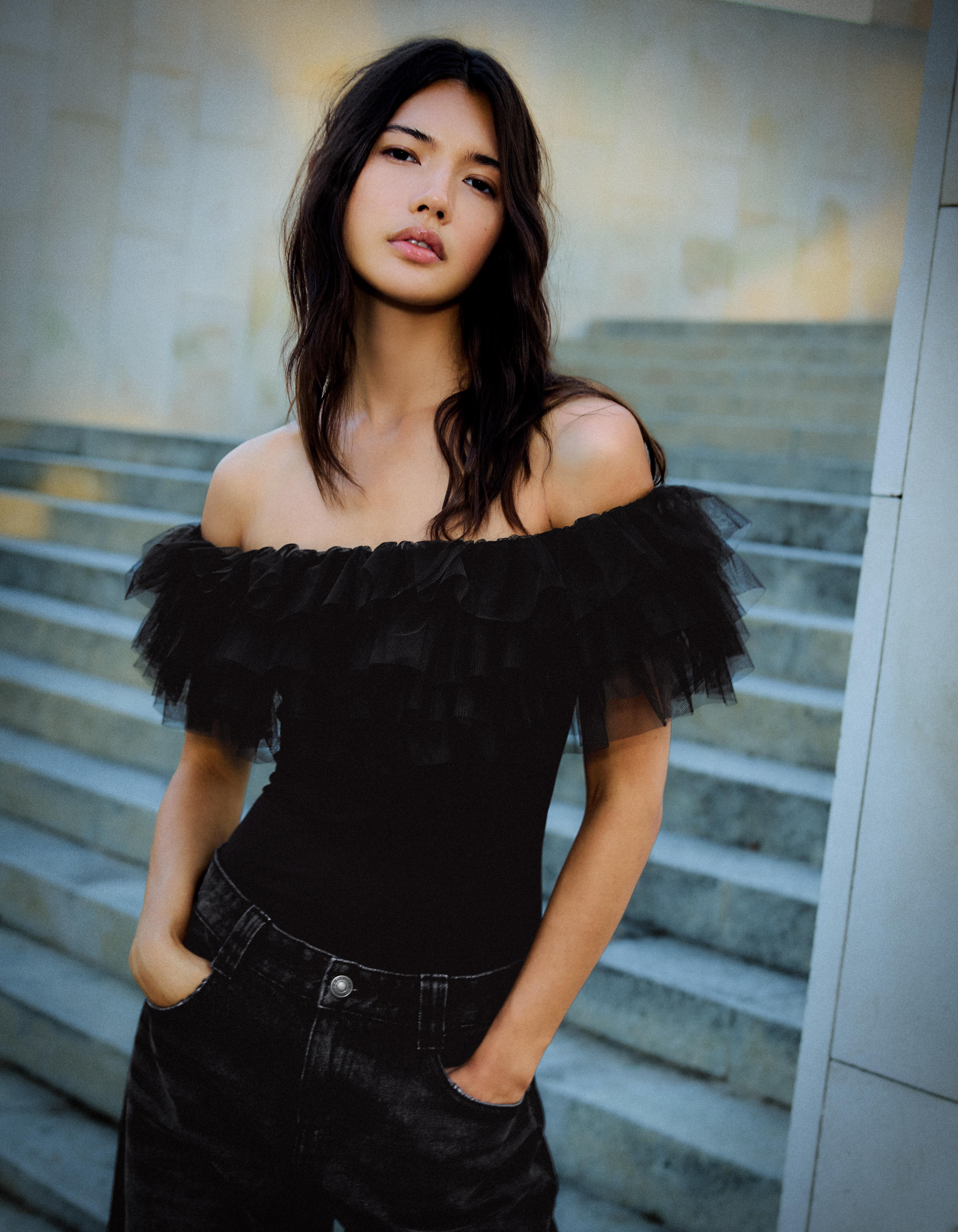 Tulle bodysuit with ruffles — Black