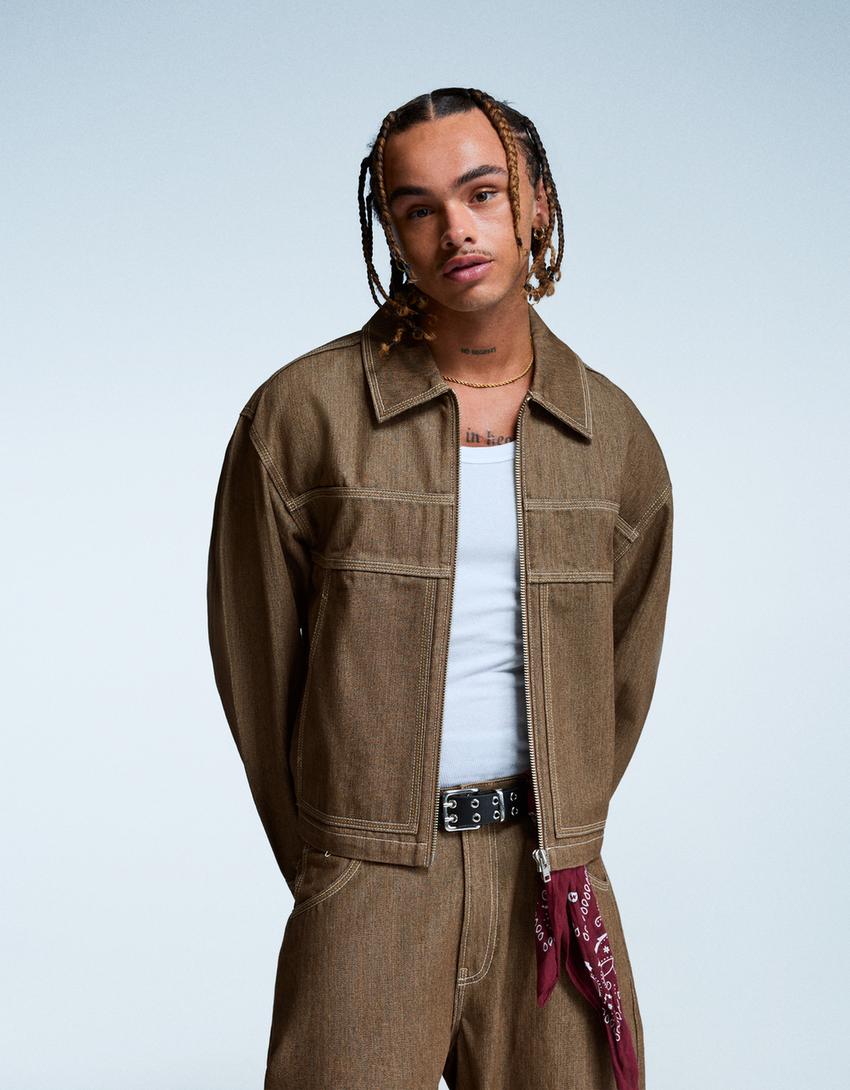 Chemise en denim à fermeture éclair-Marron-3