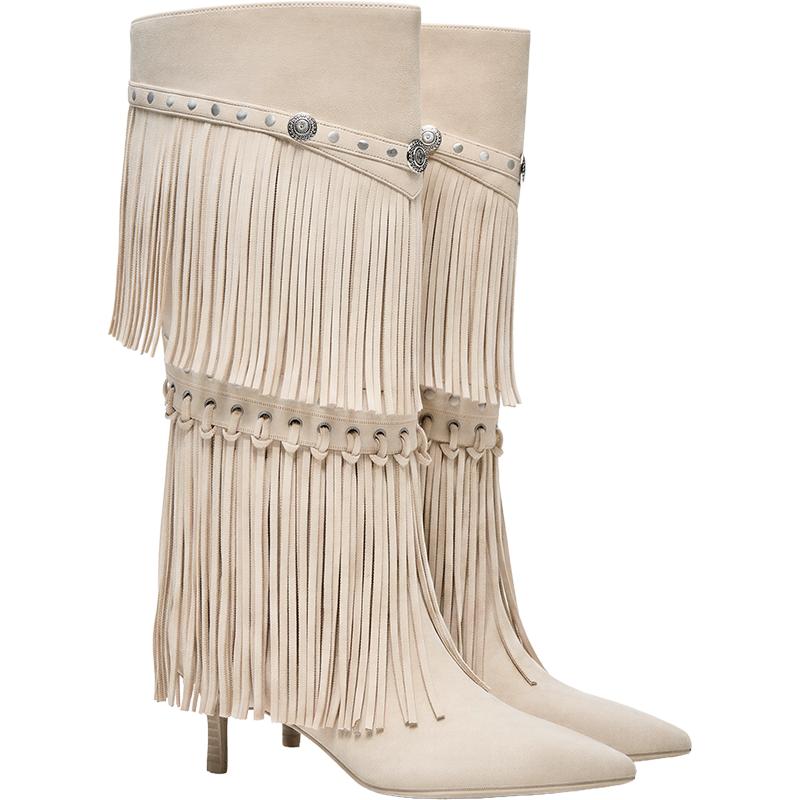 Fringed heeled boots — BEIGE