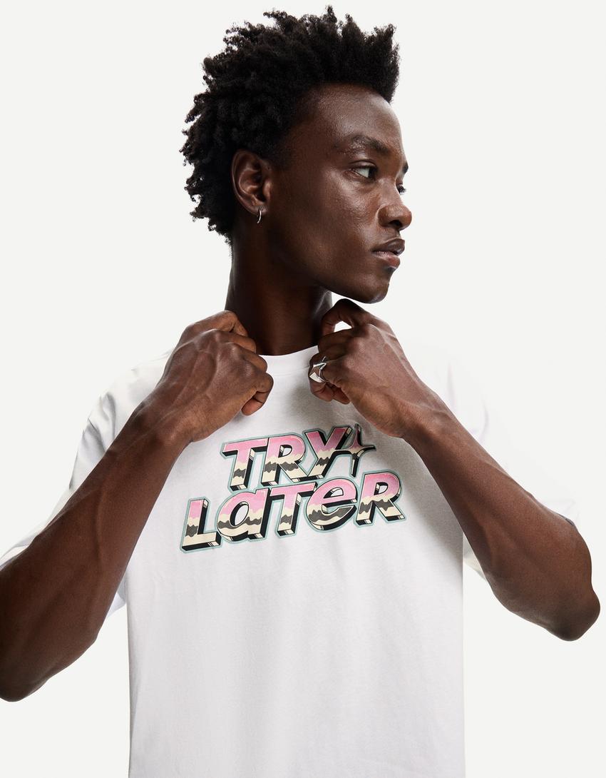 T-shirt manches courtes court imprimé-Blanc