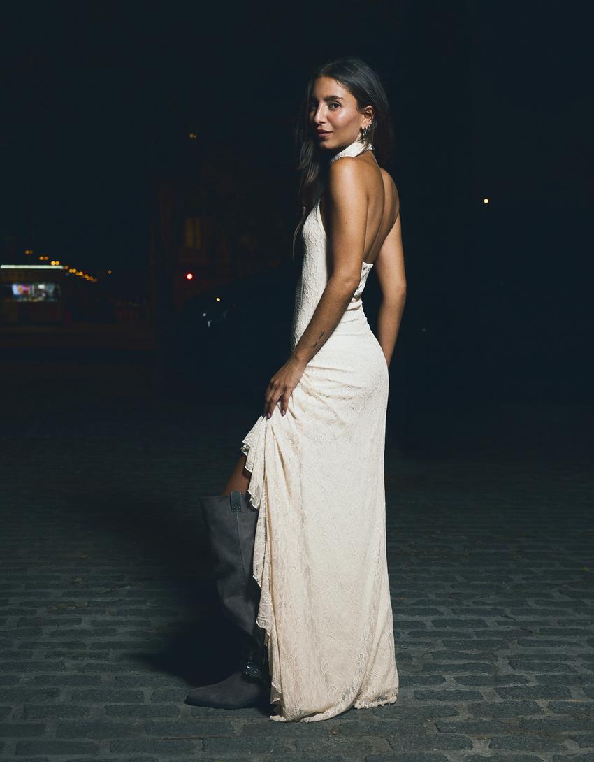 Lace halter midi dress-Cream