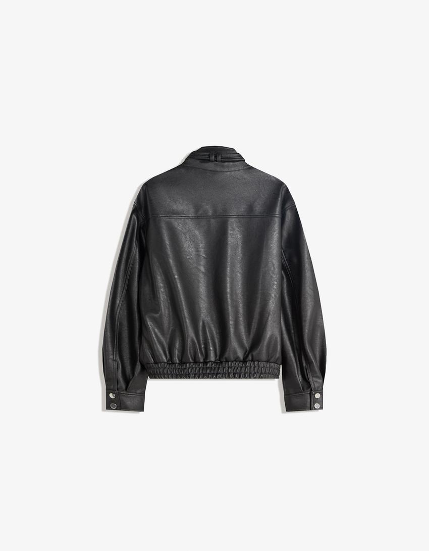 Giubbotto finta pelle tasche-Nero-5