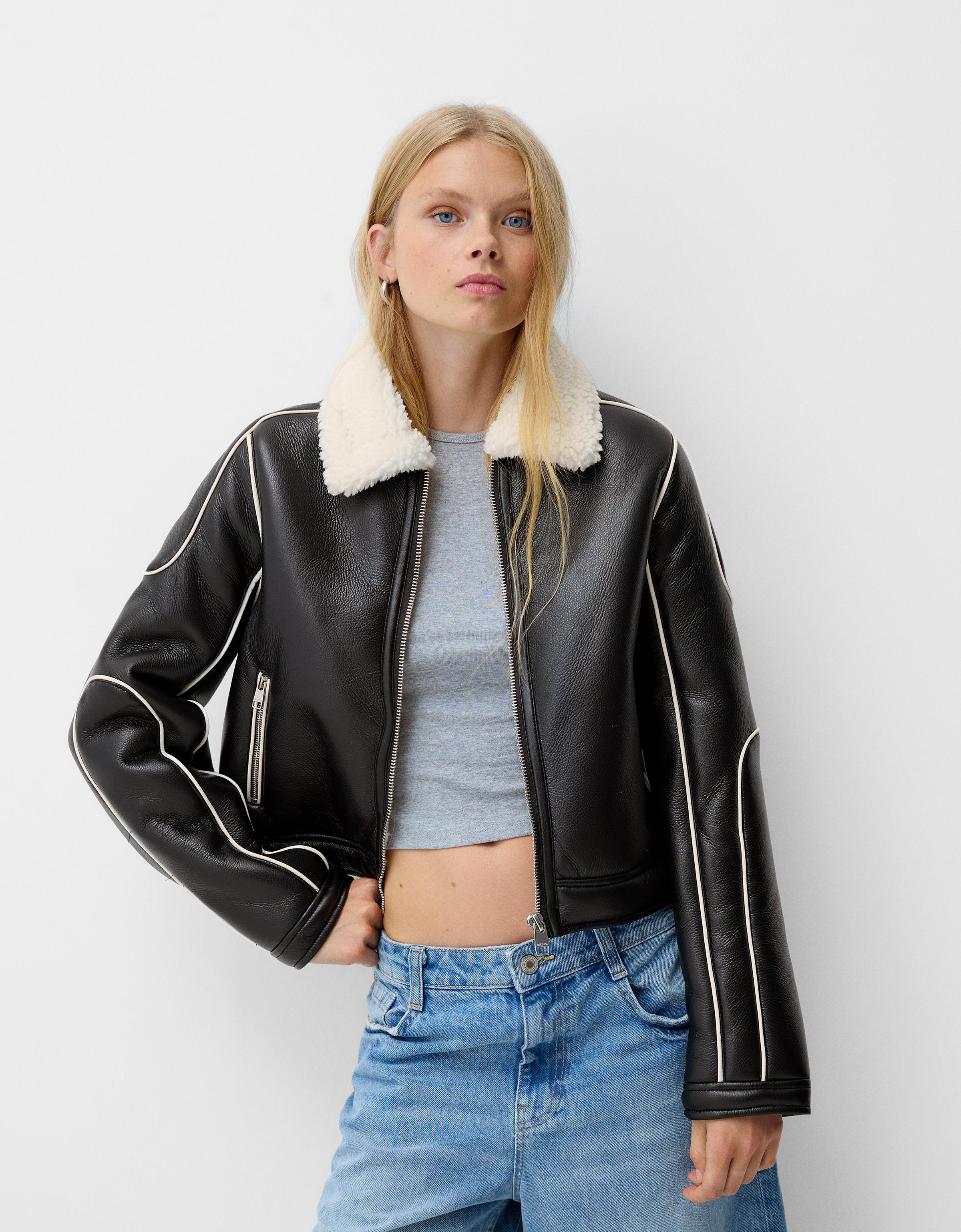 Black leather jacket bershka hotsell