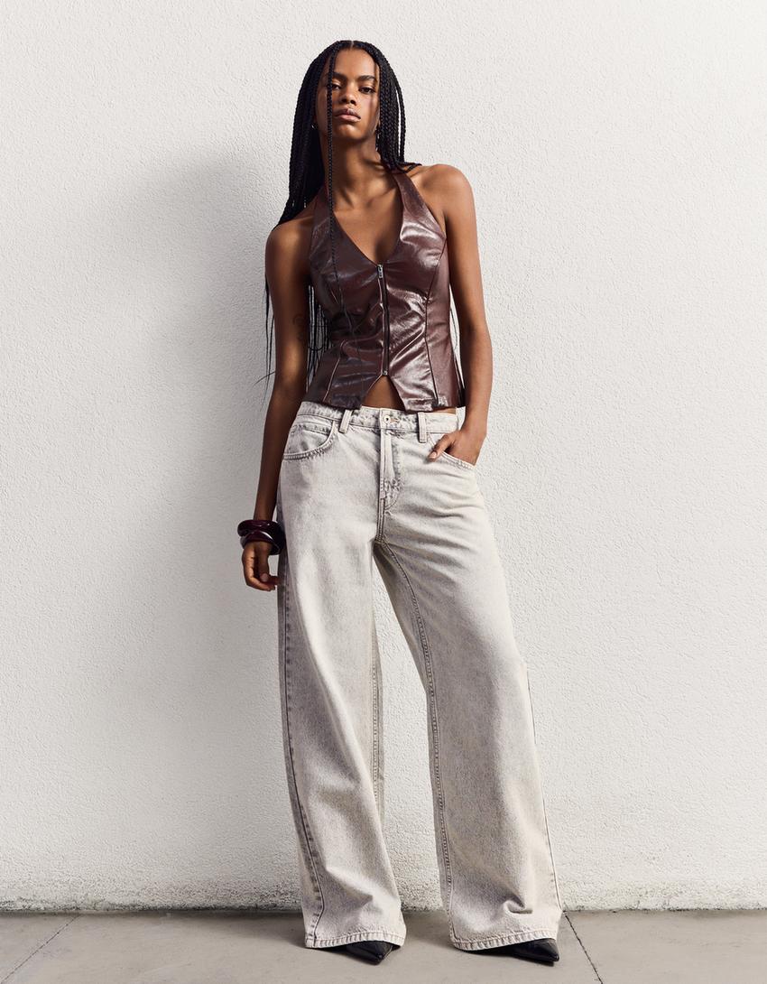 Leather effect halter top with zip-Violet-2