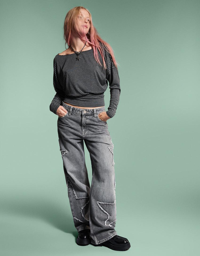 Striped long sleeve T-shirt with sash-Dark grey