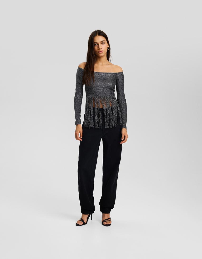 T-shirt manches longues bardot brillants franges-Noir-3