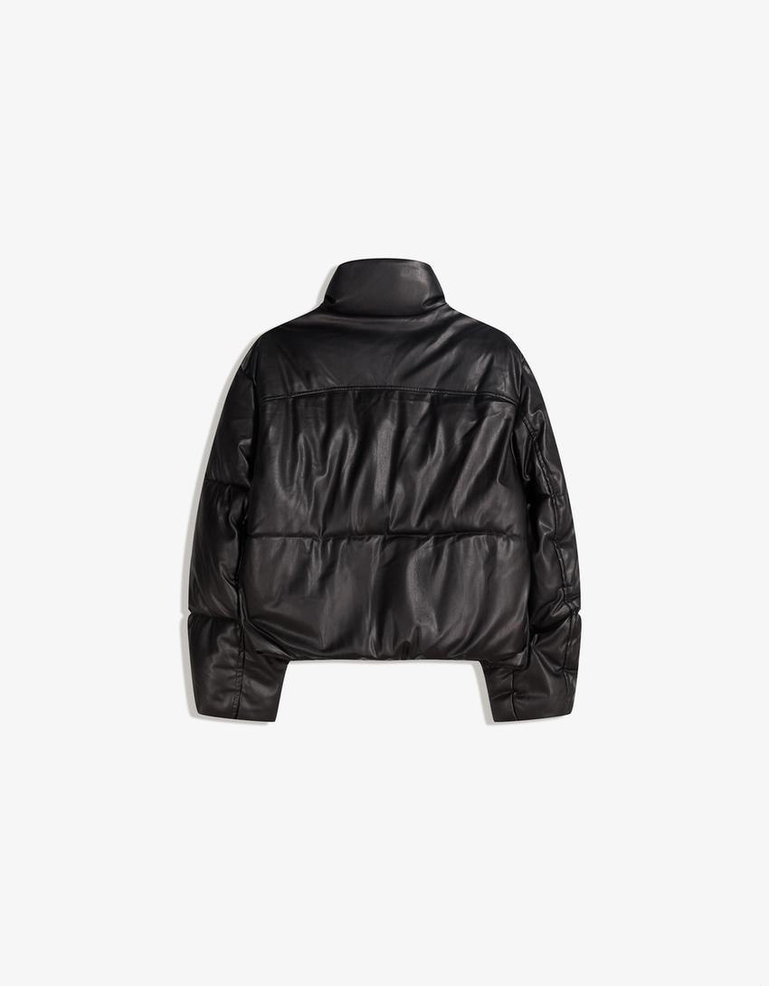 Leather effect puffer jacket-Black