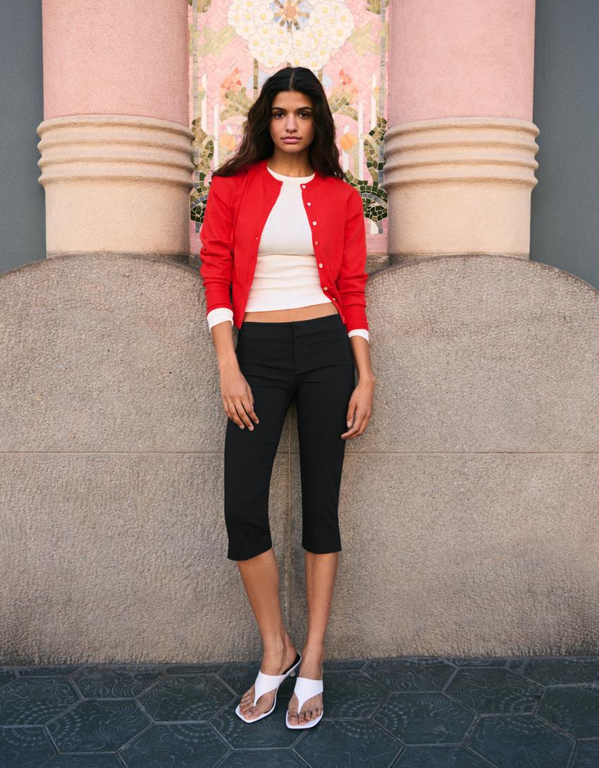 Striped crew neck button-up jacket-Red