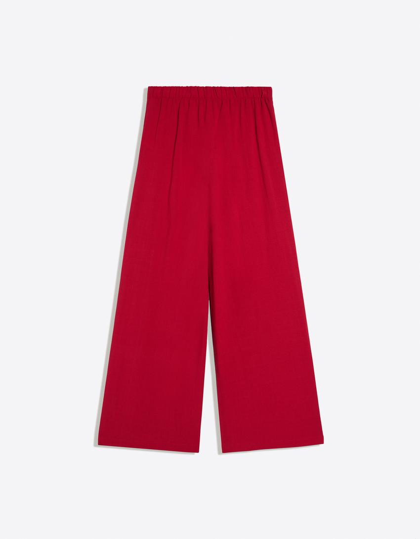 Rustic wide-leg pleated trousers-Red