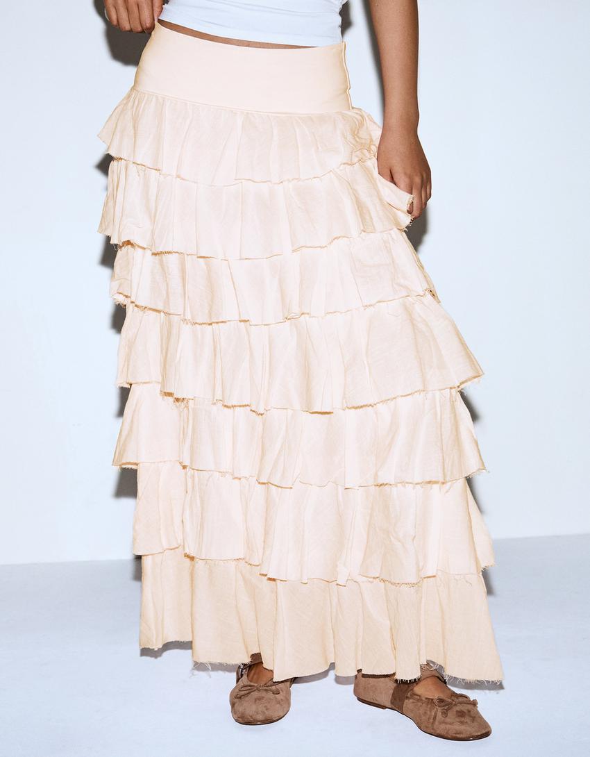 Rustic ruffle midi skirt-Pink