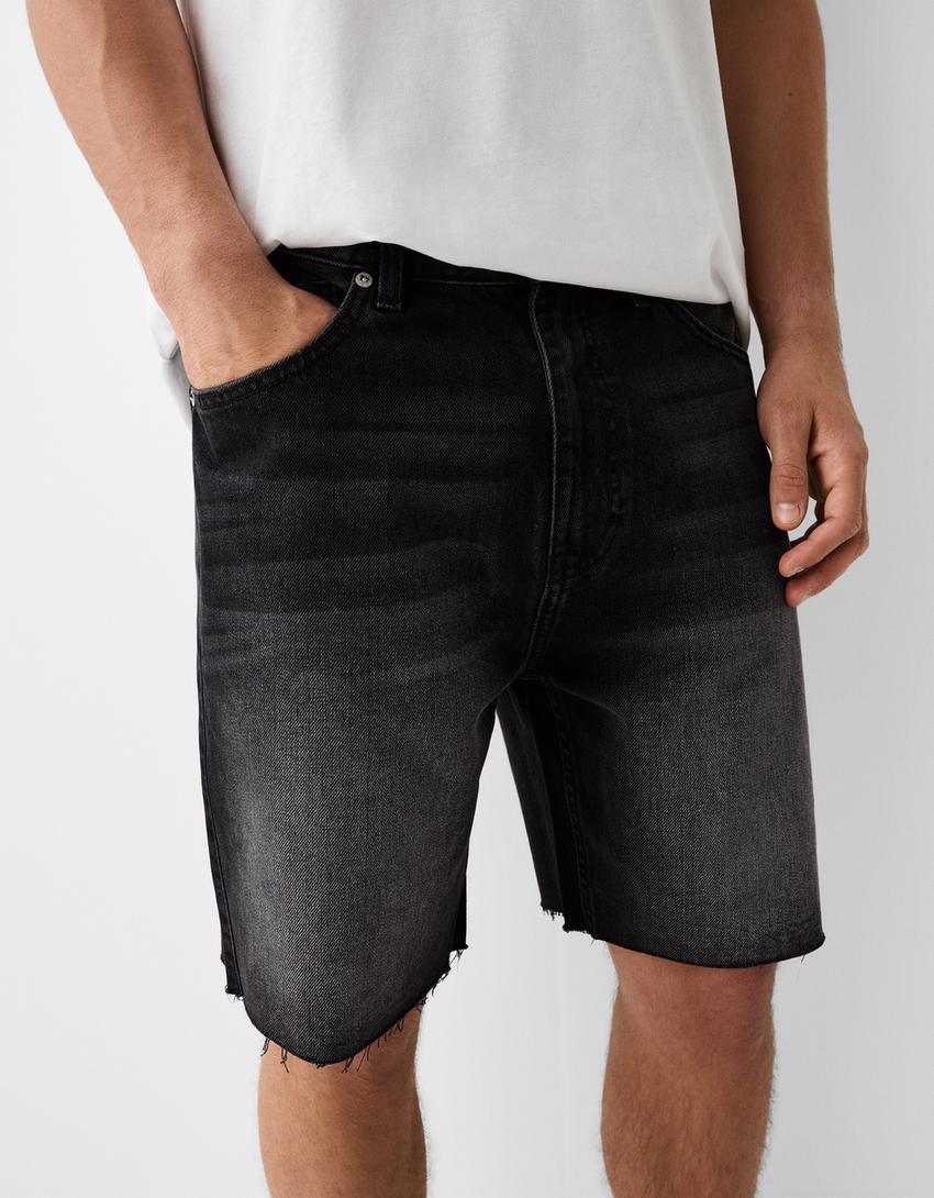 شورت برمودا دنيم بقصة مستقيمة ونمط التسعينيات-أسود-3