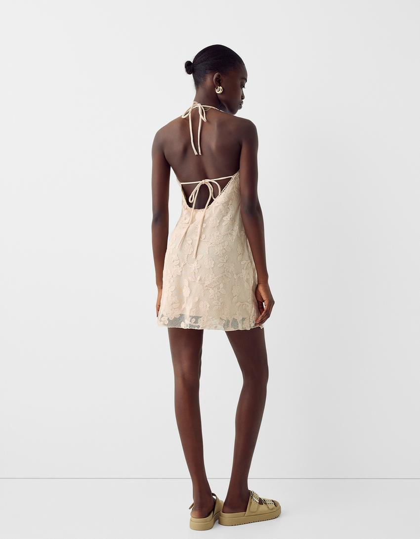 فستان قصير بحمالات من دانتيل غيبور-أبيض مطفي-1