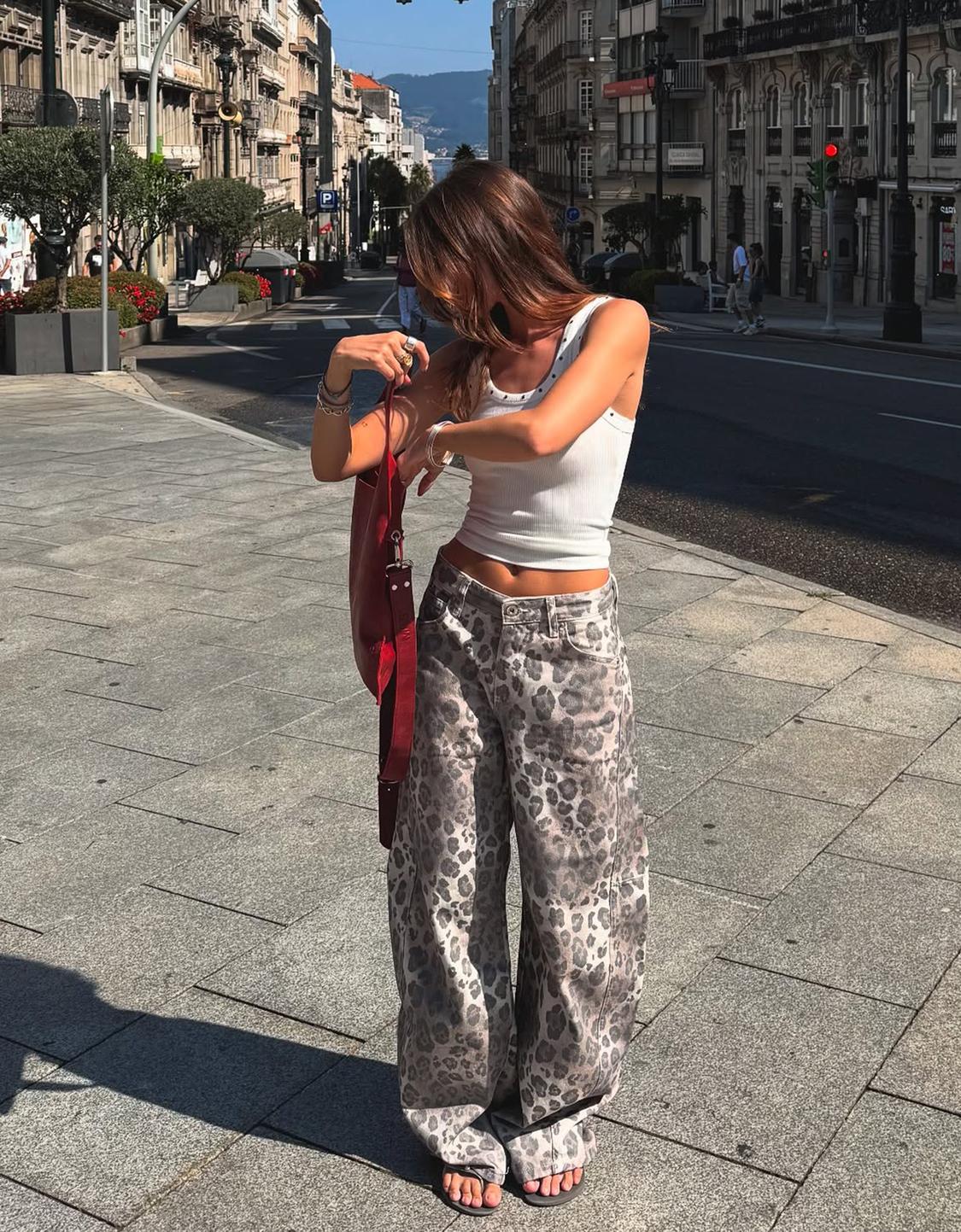 Animal print barrel trousers