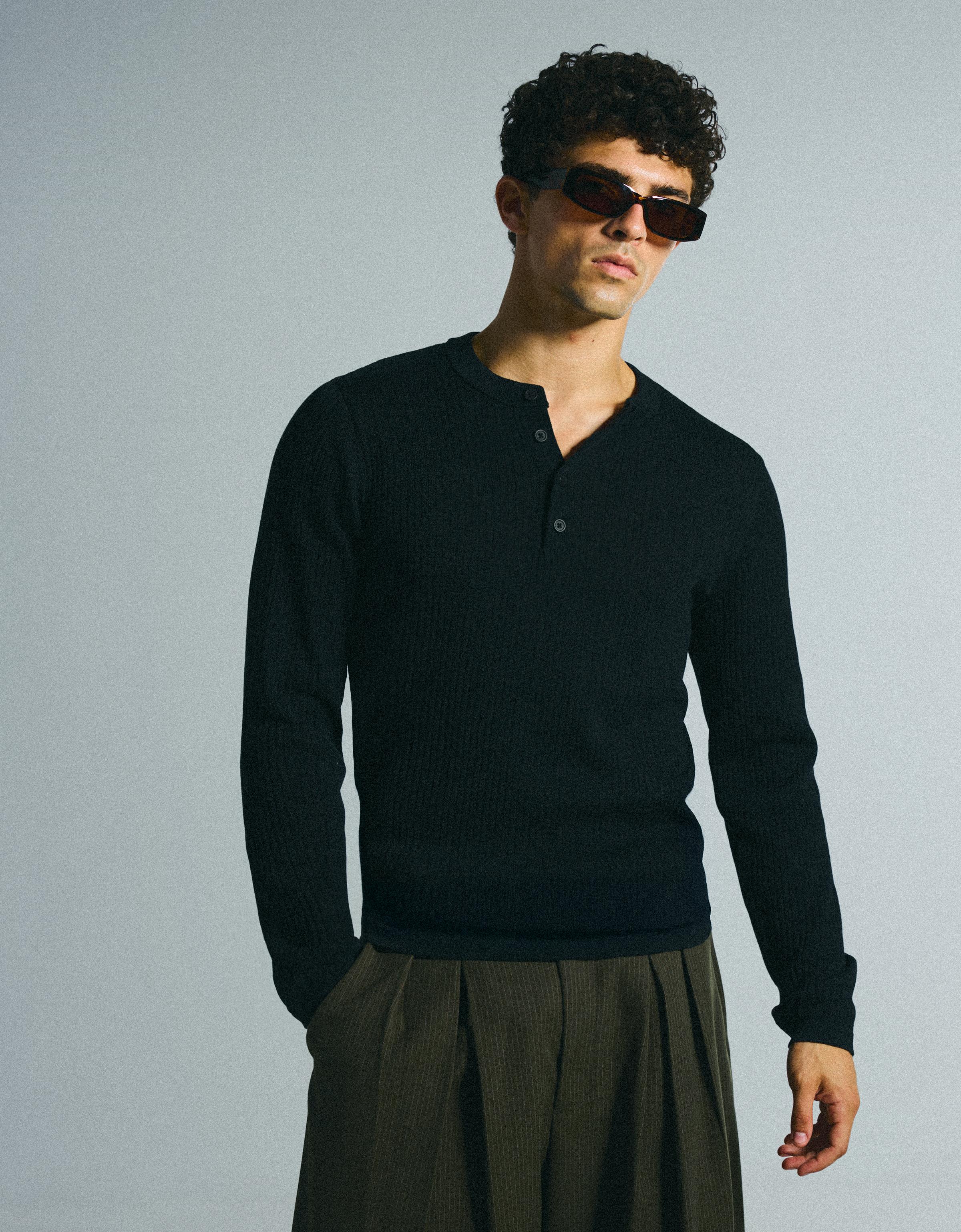 Bershka Jersey Punto Cuello Panadero Hombre Negro