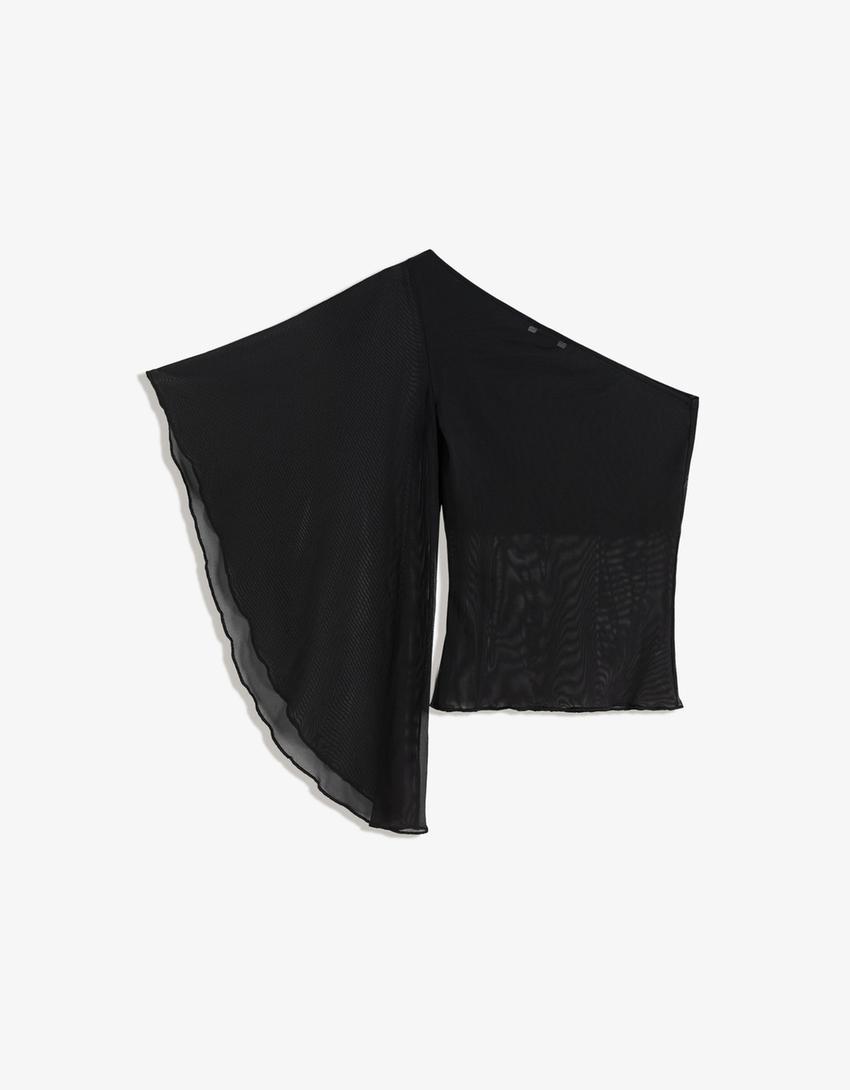 Asymmetric tulle T-shirt-Black