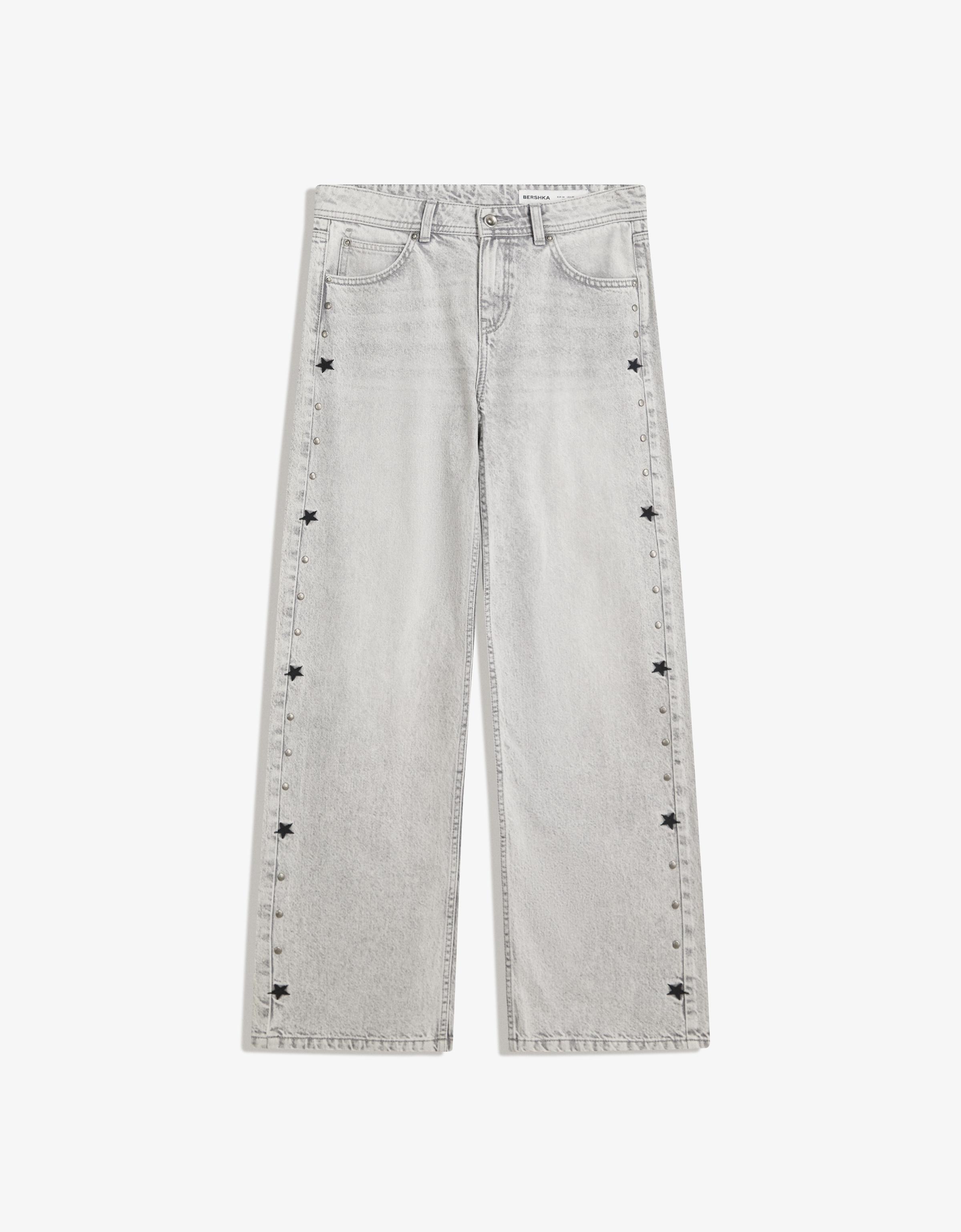 Bershka Baggy Jeans Mit Sternnieten Damen 42 Grau