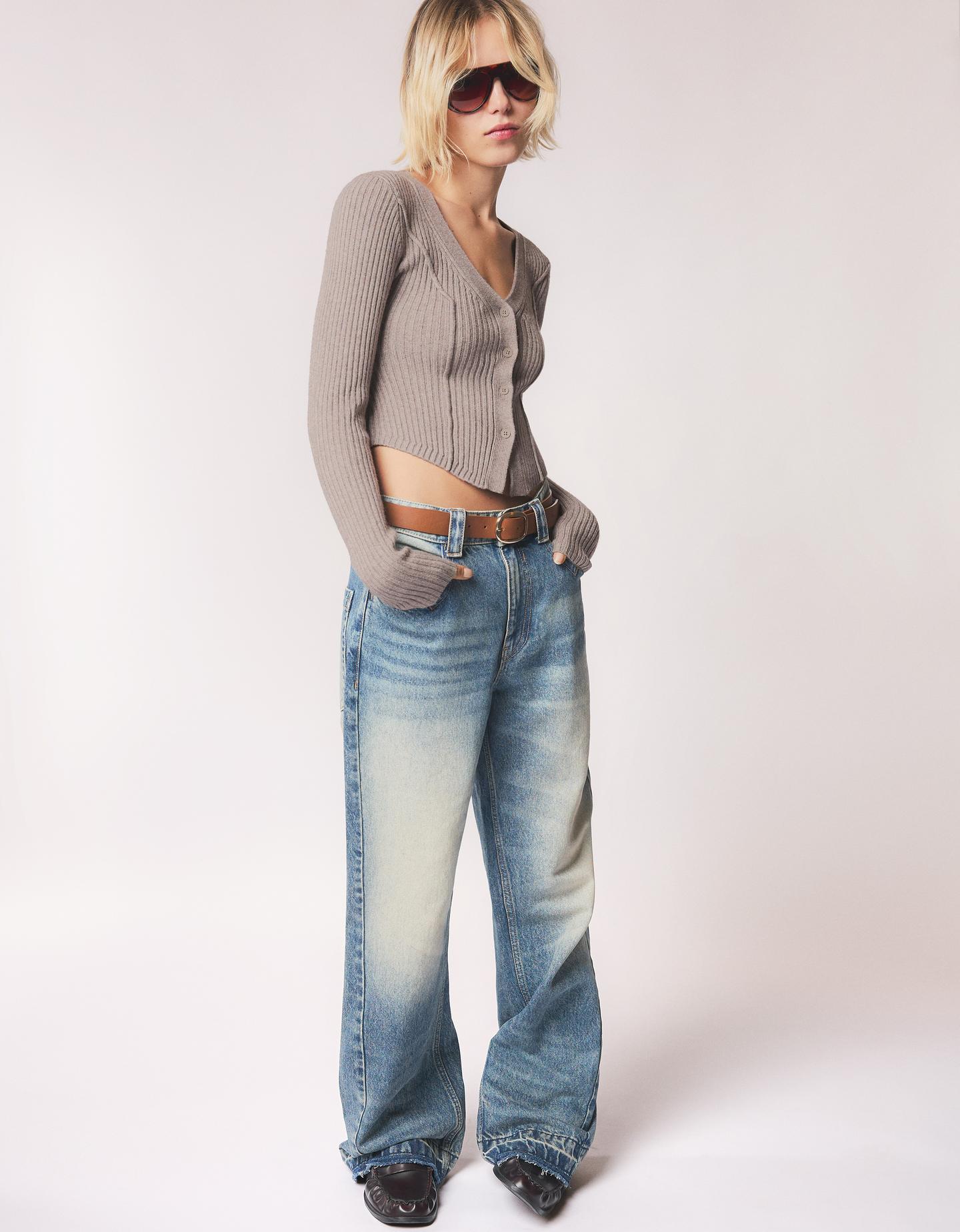 Bershka kardigan z prążkowanej dzianiny piaskowy