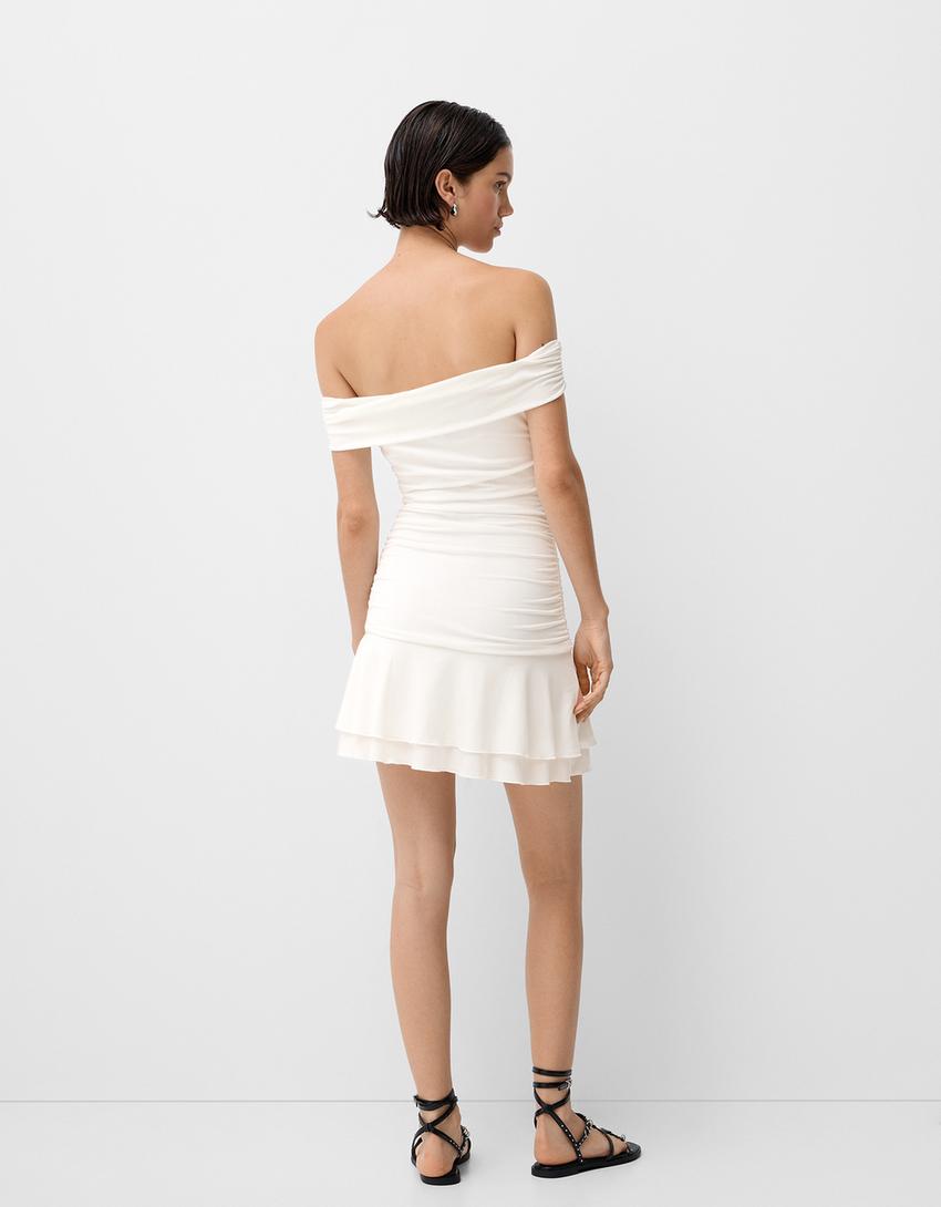 Vestido mini bardot com folhos-Gelo-2