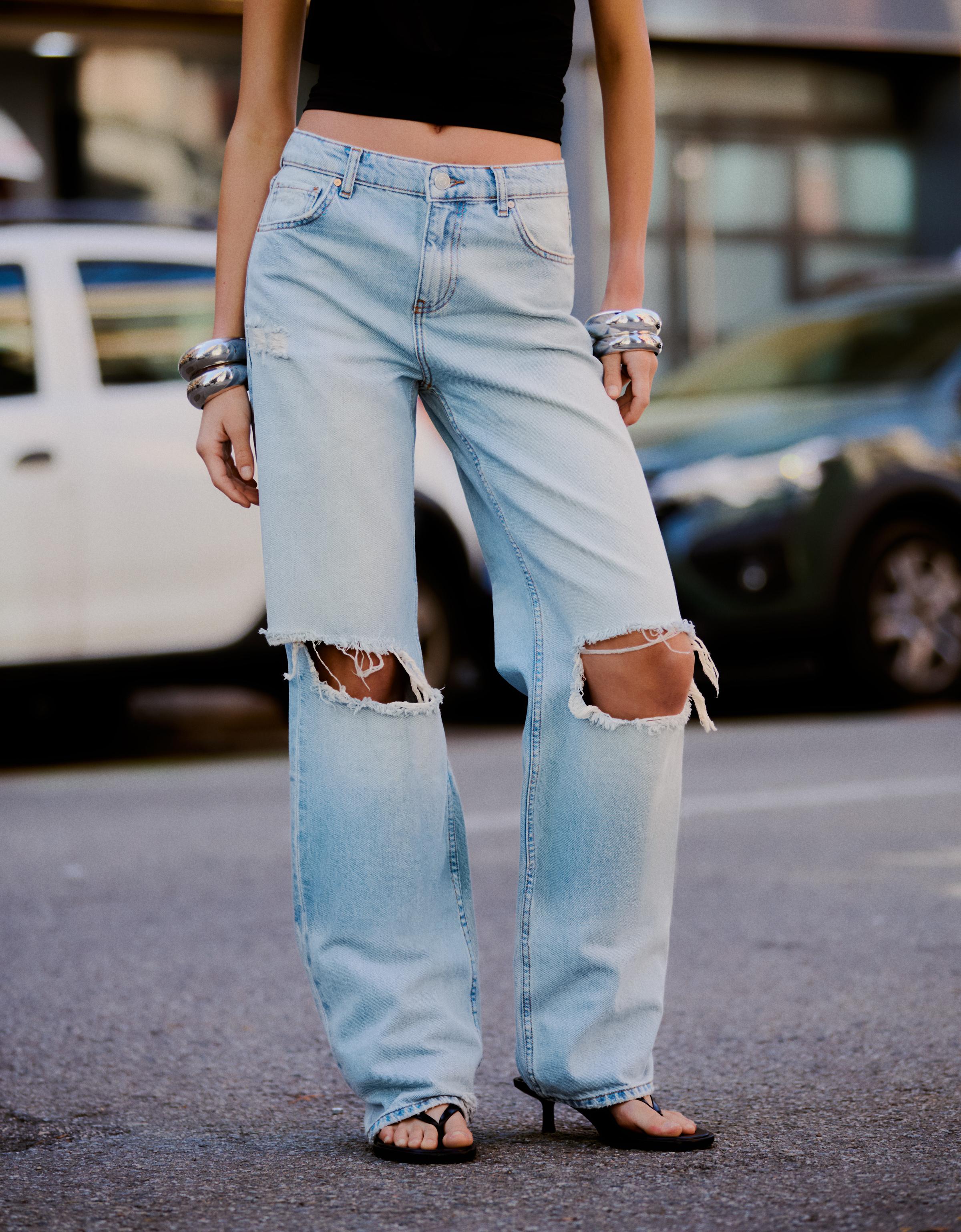 Yüksek bel distressed geniş paça jean - Görsel 13