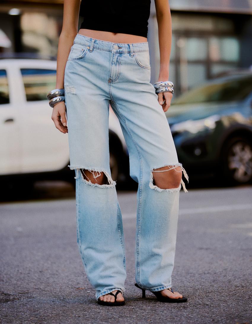 Jean wide leg taille haute déchiré-Bleu clair