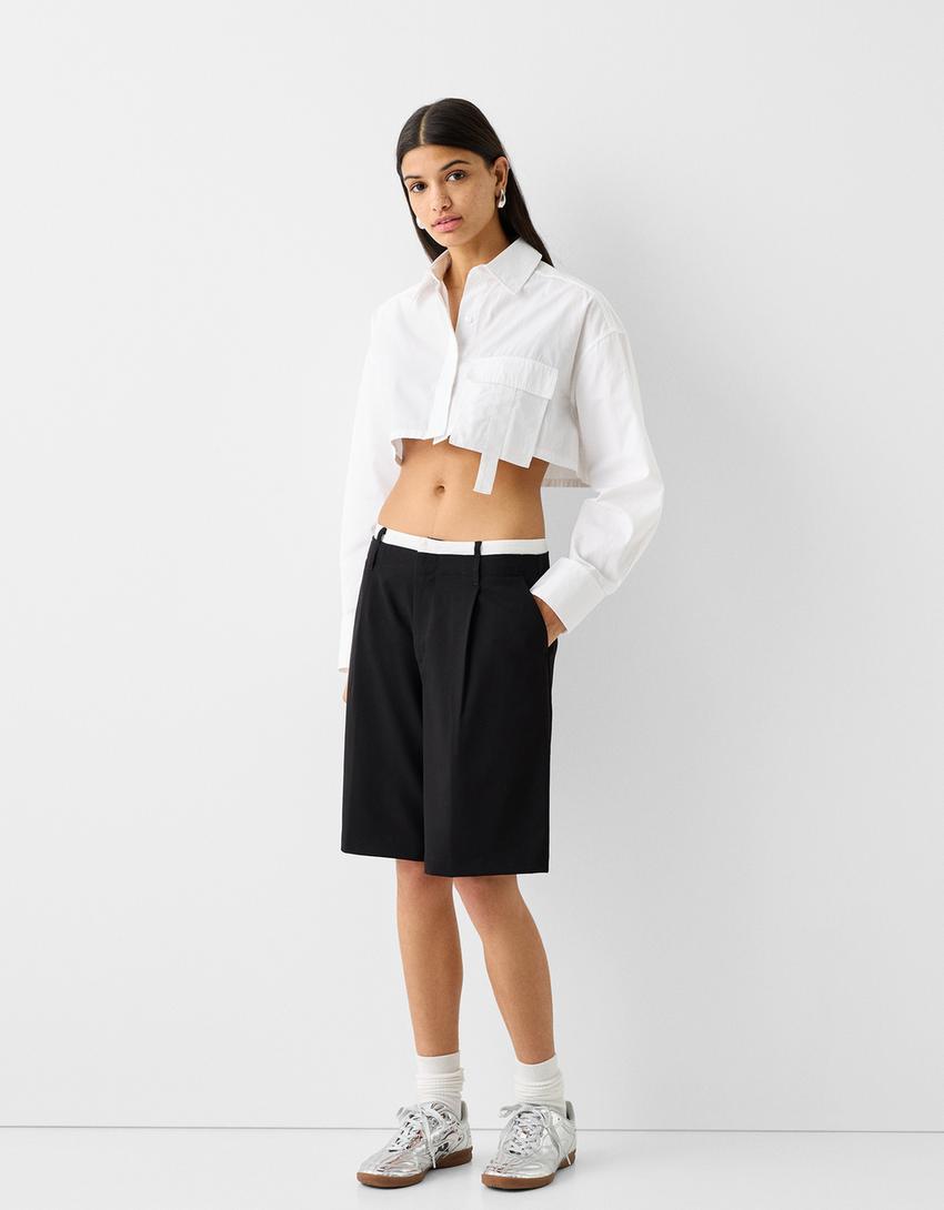 Long sleeve cropped poplin shirt with straps-White