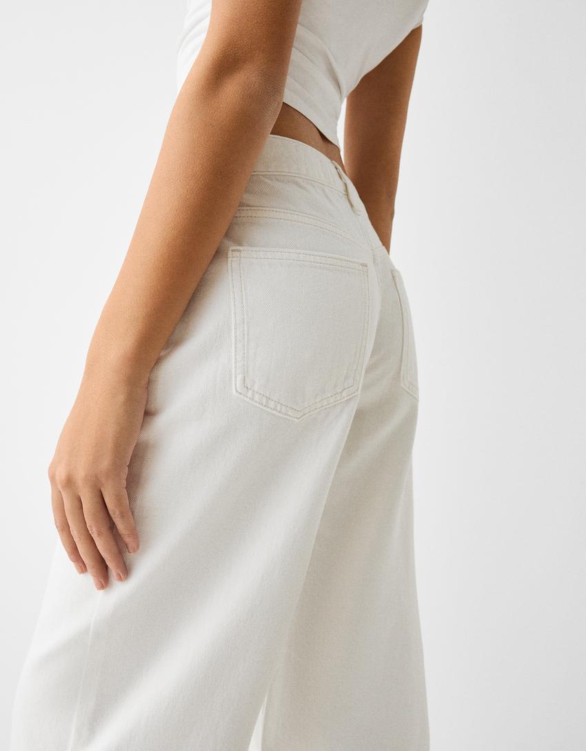 جينز بقصة قصيرة وساق عريضة-أبيض-5