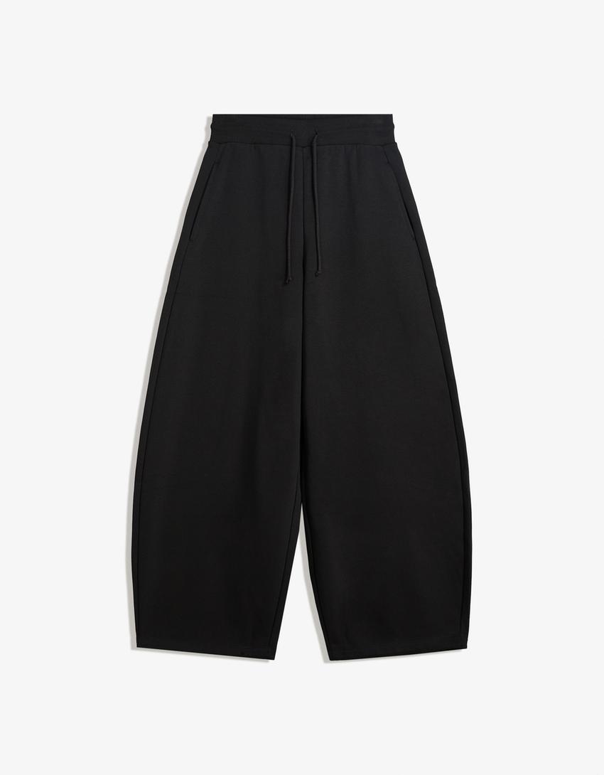 Sweatstof barrel broek met stoppers-Zwart